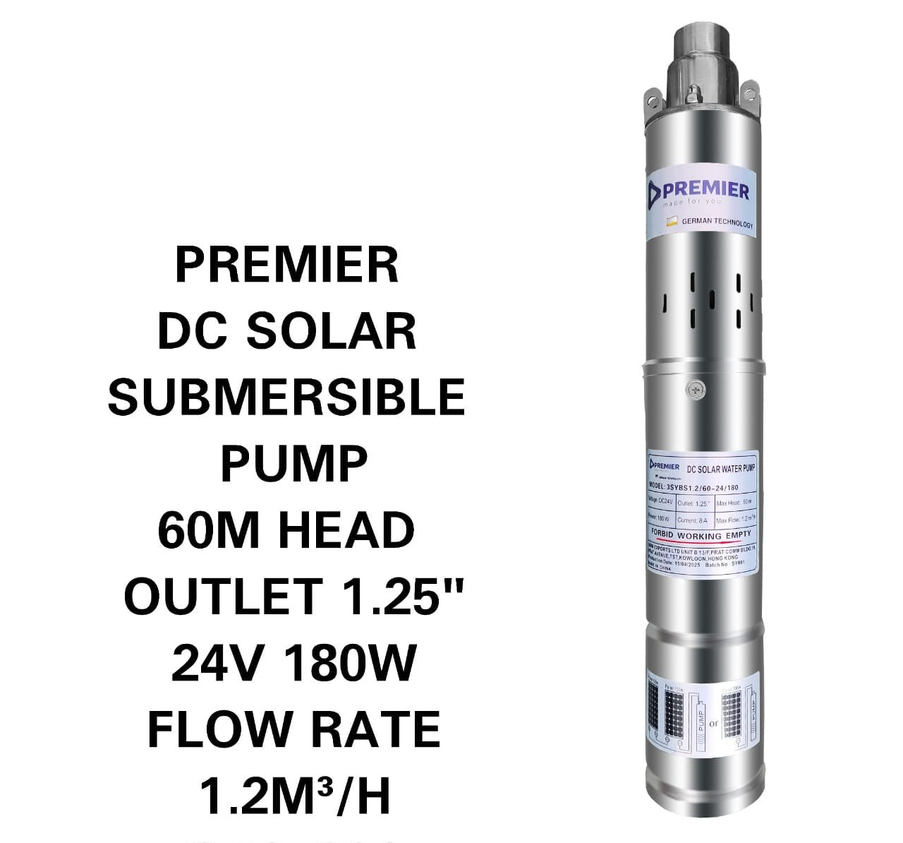 60M Premier DC Solar Submersible Pump 1.25" Outlet
