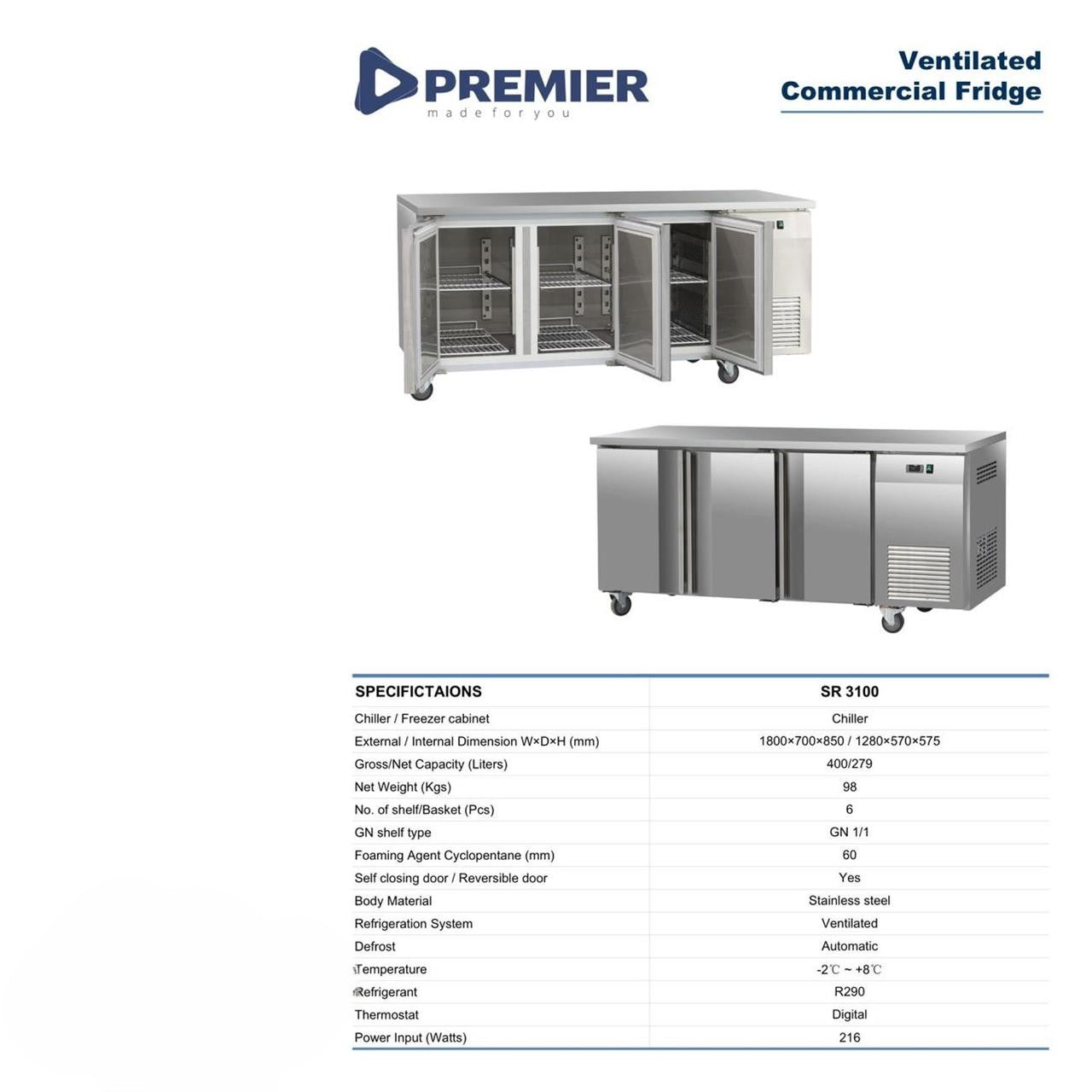 SR3100 Commercial Undercounter Chiller 3 Door