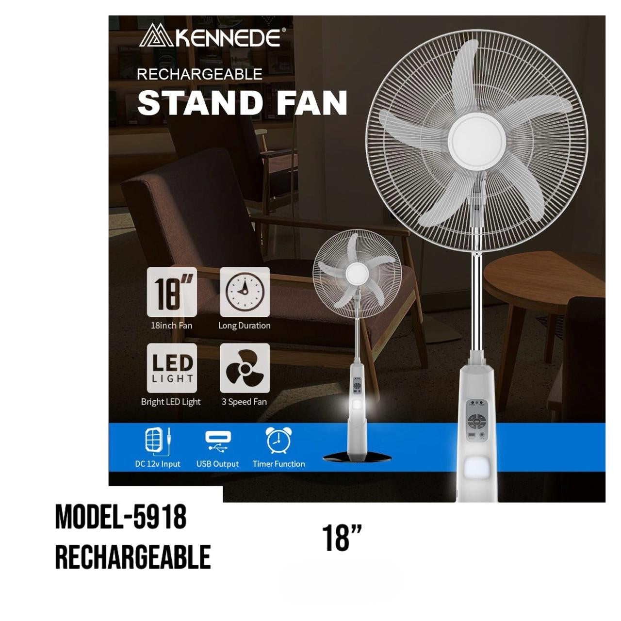 Kenedde 18"  Rechargable Stand Fan